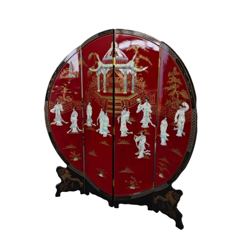 ua-Handmade Lacquer Shell Inlay Antique Curve Screen | Luxury Chinese Birthday Decorative Partition-