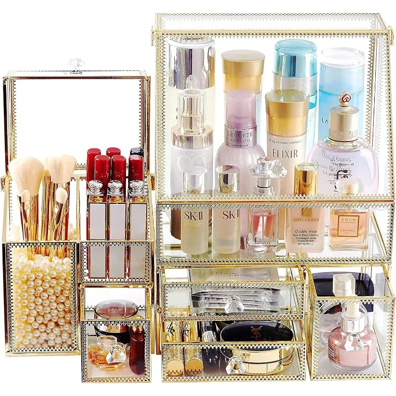 

Large Glass Makeup Organizer Drawer Set Beauty Storage Bathroom Counter Organizer Cosmetic Display (11.5inx8.5inx5.5in)