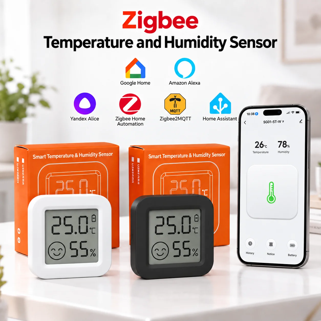 Zigbee Temperatur- und Feuchtigkeitssensor, Zigbee 3.0 Sensor, Zigbee-Hub erforderlich, kompatibel mit ZHA, Yandex, Zigbee2MQTT, Alexa, SmartLife