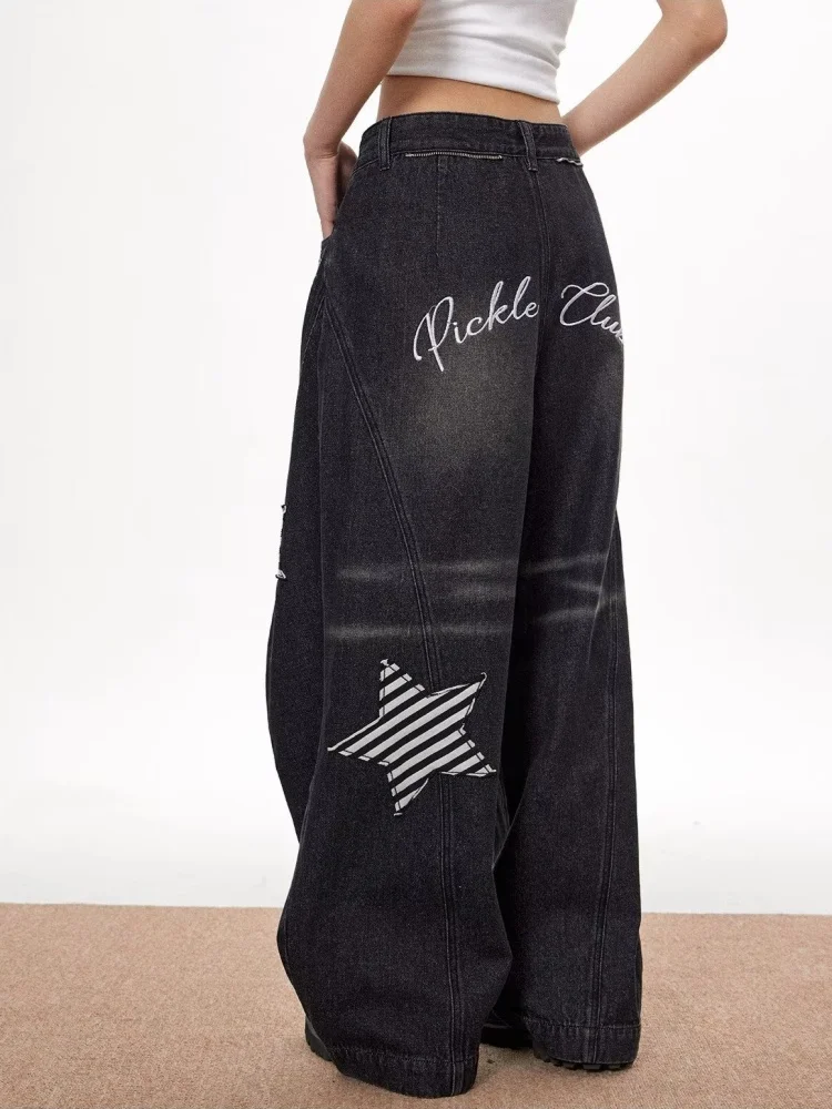 2025 American Retro Y2K Fashion Star Ricamo Vintage Pantaloni jeans larghi neri per abbigliamento donna Pantaloni da donna di lusso a gamba larga