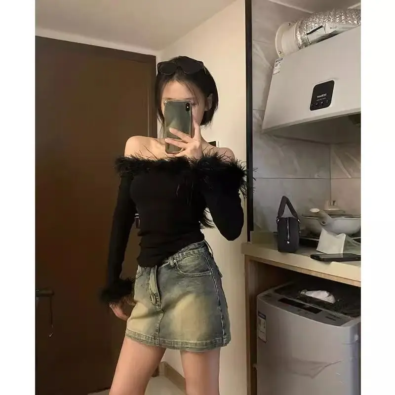 Kimotimo Black Sexy Fuzzy Off-Shoulder Long Sleeve Top Women Autumn Winter Slim Fit Base Shirt Temperament Upper Garment