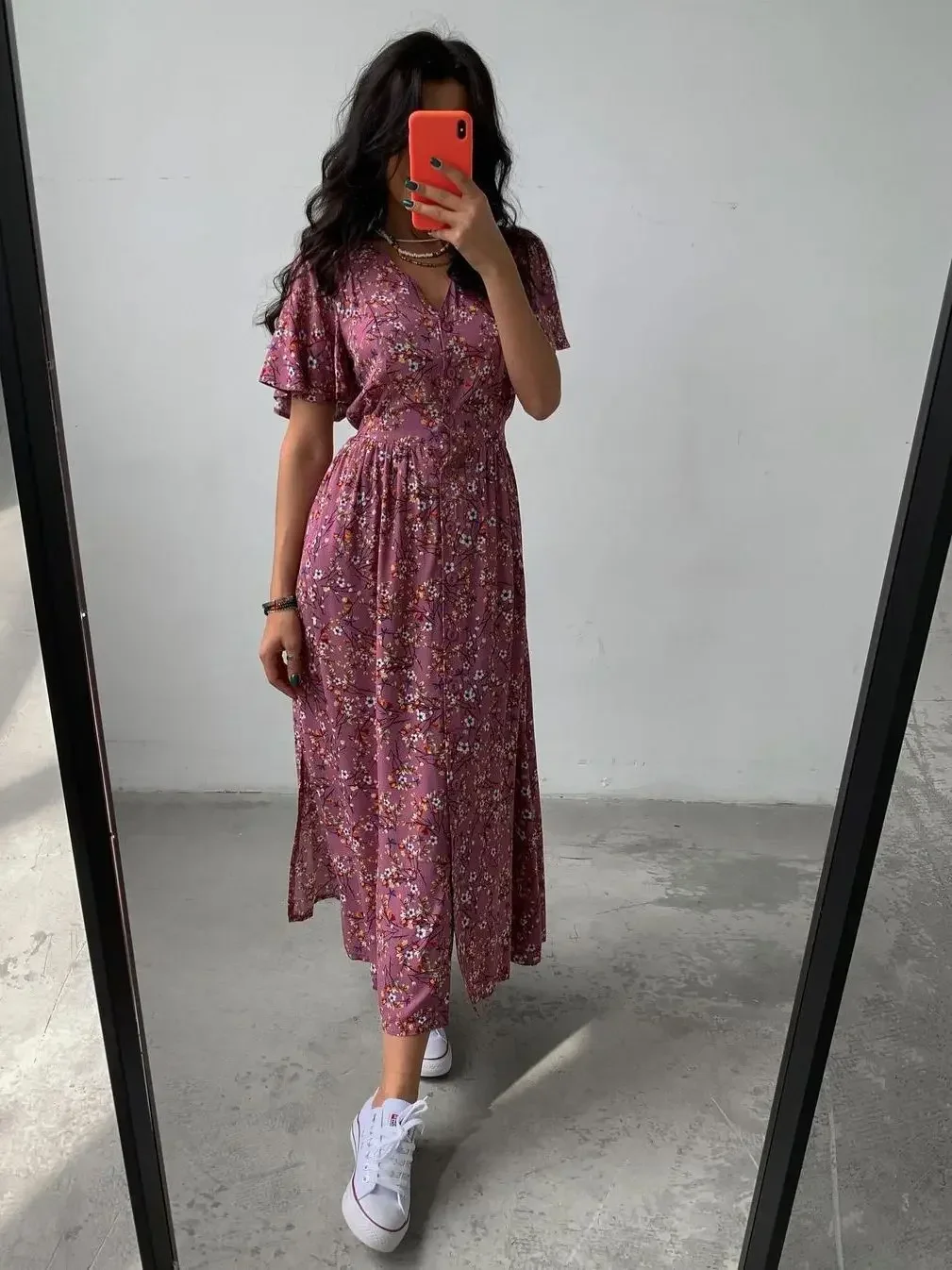 Boho French Style Flower Printed Dress Women V-Neck Elegant Lace-up Sundress Summer Elegantes Para Mujer 2023 Maxi Dress Vestido
