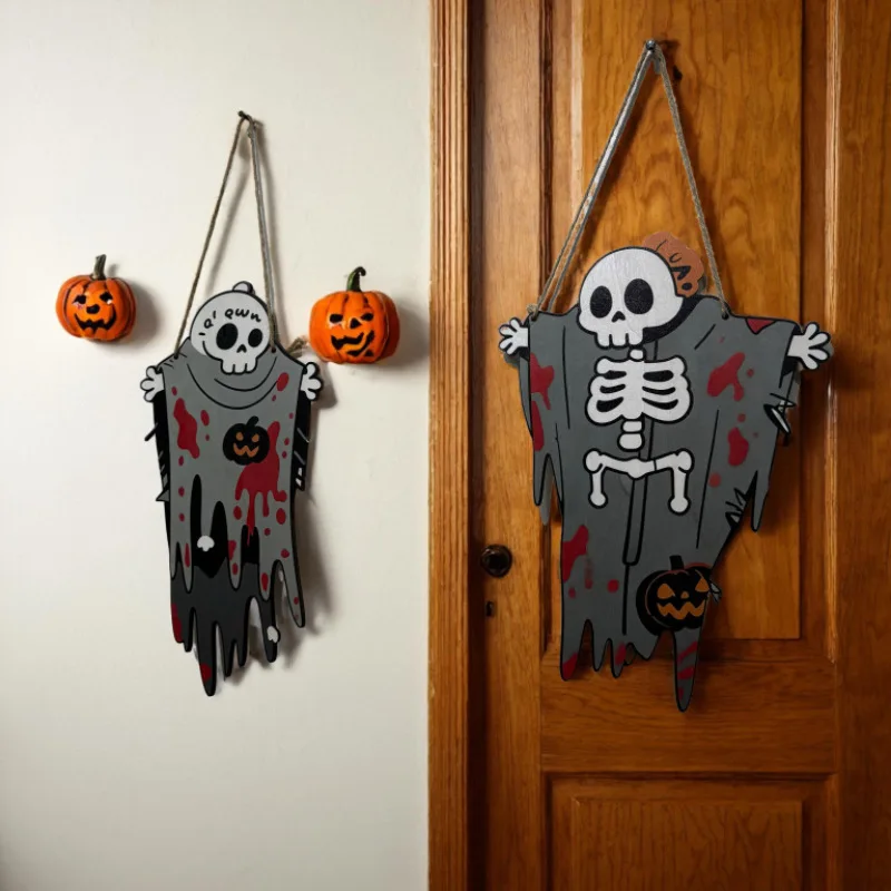 

Halloween Decoration Wooden Door Sign Spooky Skeleton Ghost Hanging Plaque Wall Decor Prop for Home Bar Halloween Party Supplies
