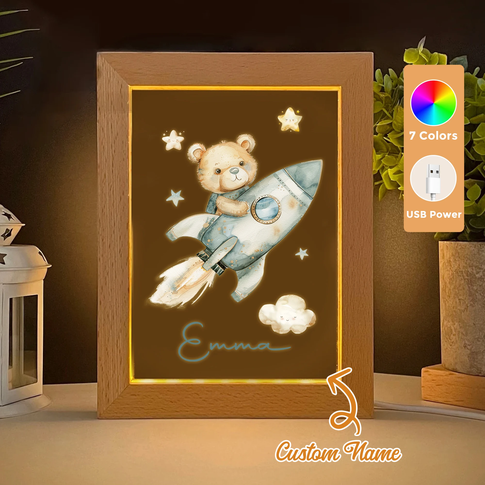 

2D Flat Custom Name Bear Rocket LED Acrylic Night Light Wood Photo Frame 21x17cm Cartoon Children Bedroom Gifts Home Decor Gift