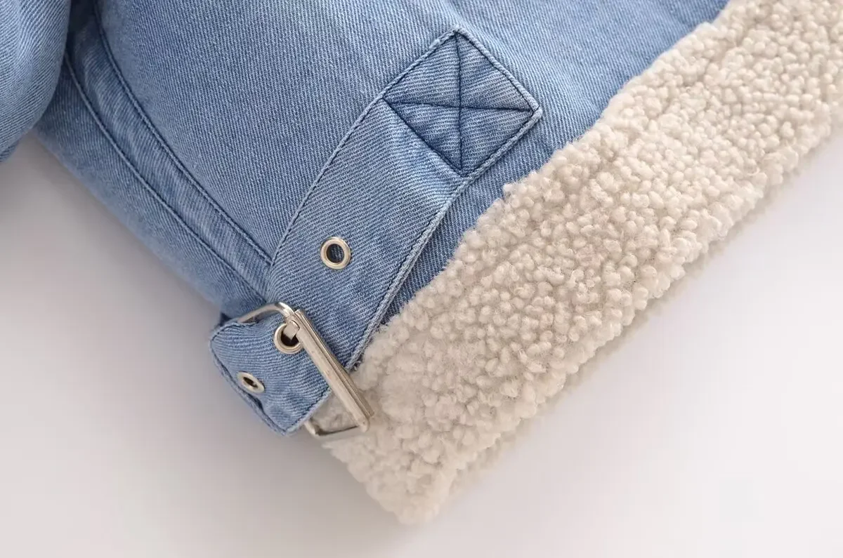 2025 Fashion High Quality Women Blue Denim Thick Lambswool Jacket Coat Casual Zipper Winter Warm Outerwear Tops Female