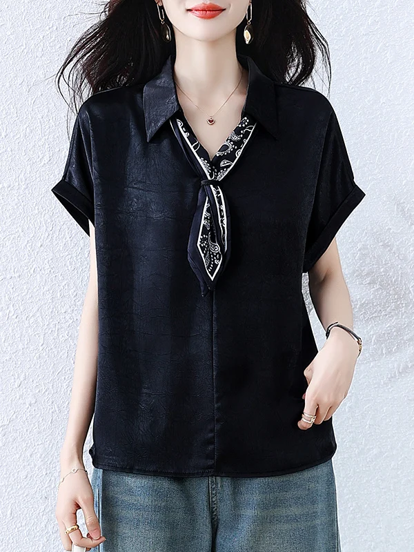 

2025 Summer New plus Size Women's irt Bla ort Sve Tie Ne Faion Simple Matched Retro Sle Loose Fit Casual Top