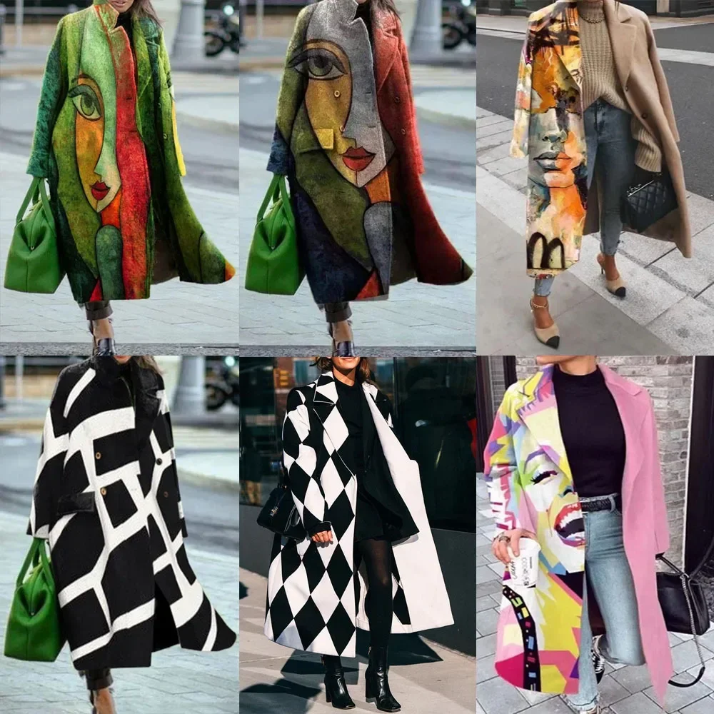 Autumn and Winter Women\'s Mid Length Knee Thickened Popular Temperament Coat Warm Trench Printed Coat Turndown Long Coat