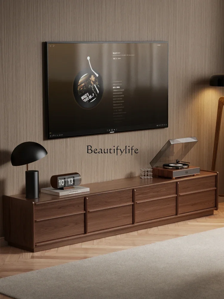

01TV cabinet living room light luxury walnut color medieval floor small apartment