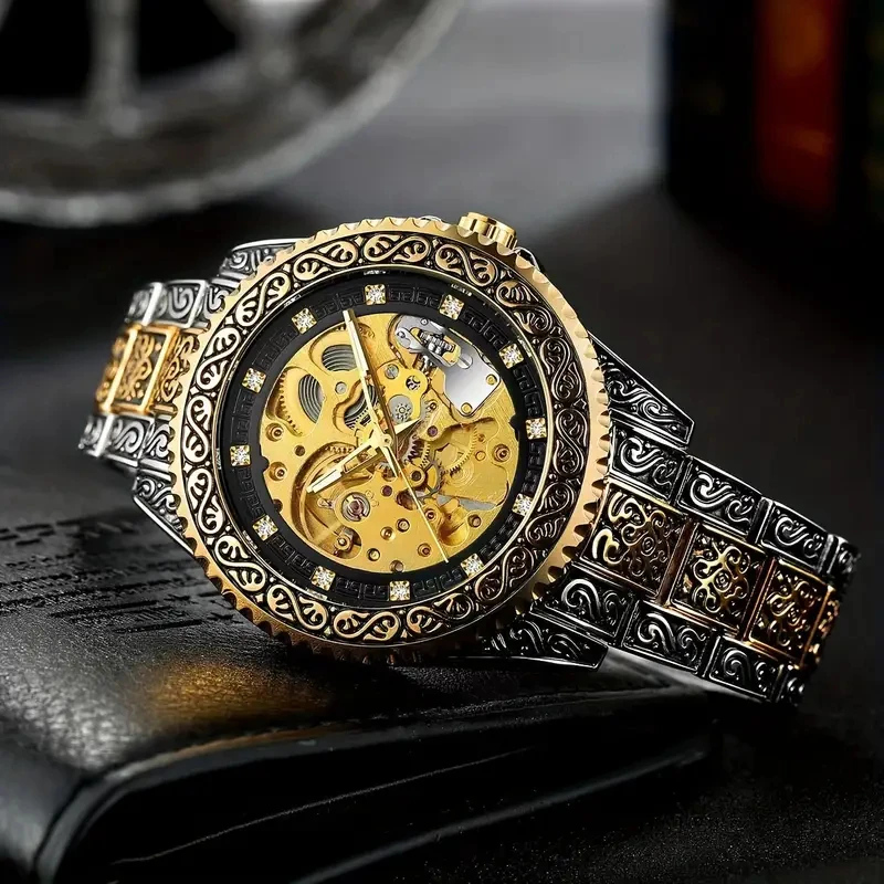 Luxury Men's Vintage Fashion Engraved Automatic Mechanical Watch Brand, Featuring a Luxurious Butterfly Clasp and Skeleton Mechanical Watch, the Best Gift for Him, No Batteries Needed