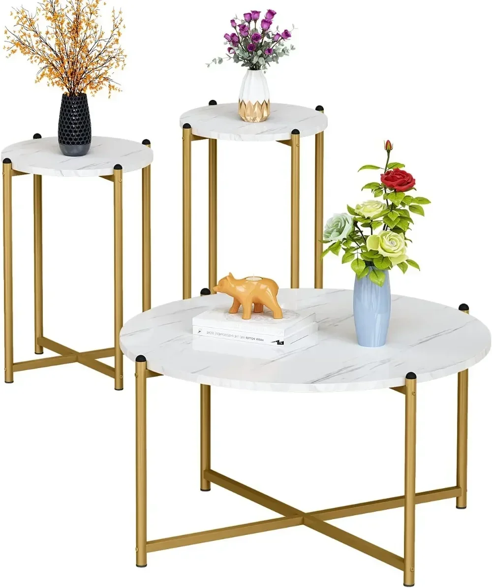 Simple Coffee Table Set Of 3, Modern Round Coffee Table & 2pcs End Table Faux Marble Tabletop With Gold Cross Base Frame, Modern