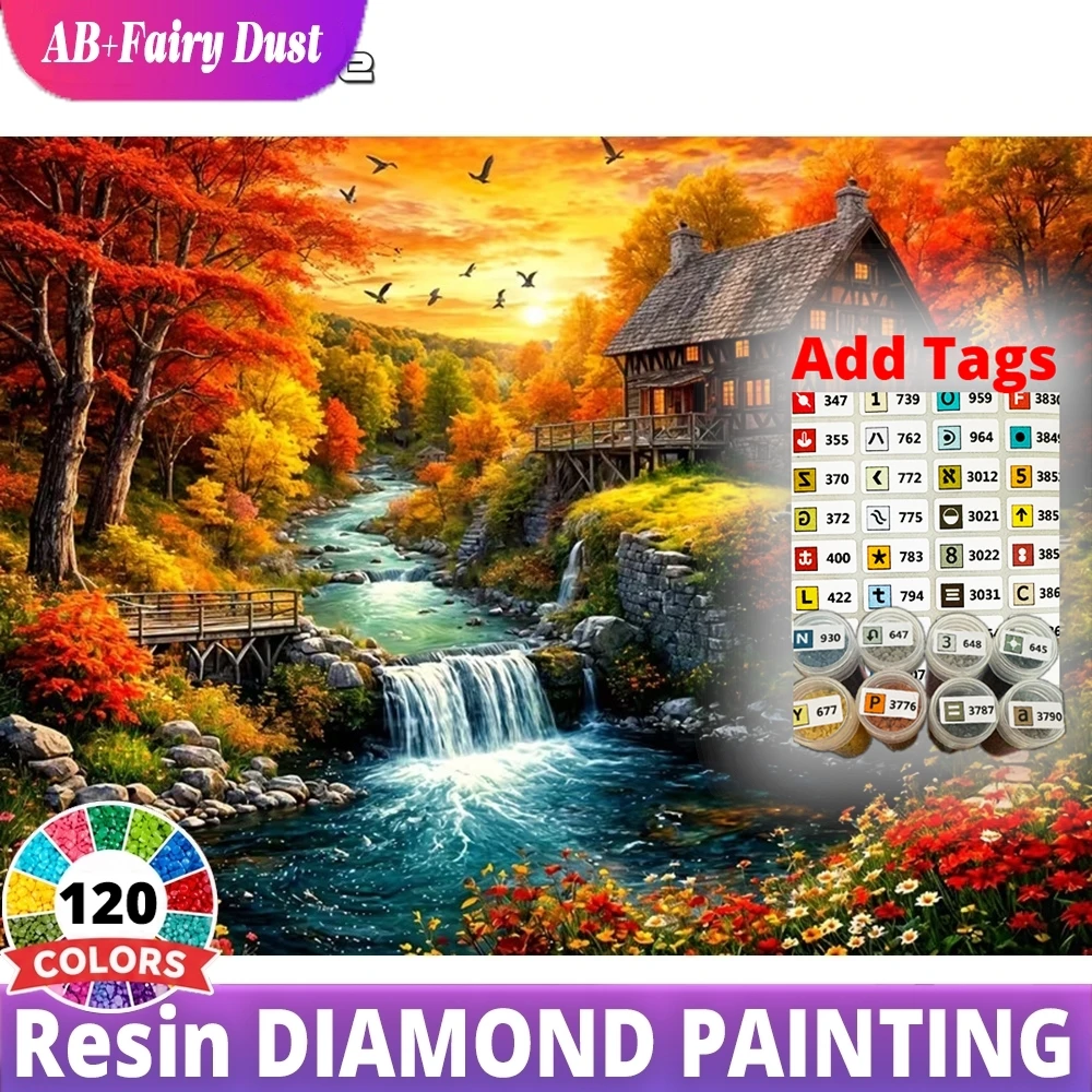 120 Color Resin AB Fairy Dust Full Square Round Diamond Painting Landscape Autumn Waterfall Cabin Stream Mosaic Embroidery Gift