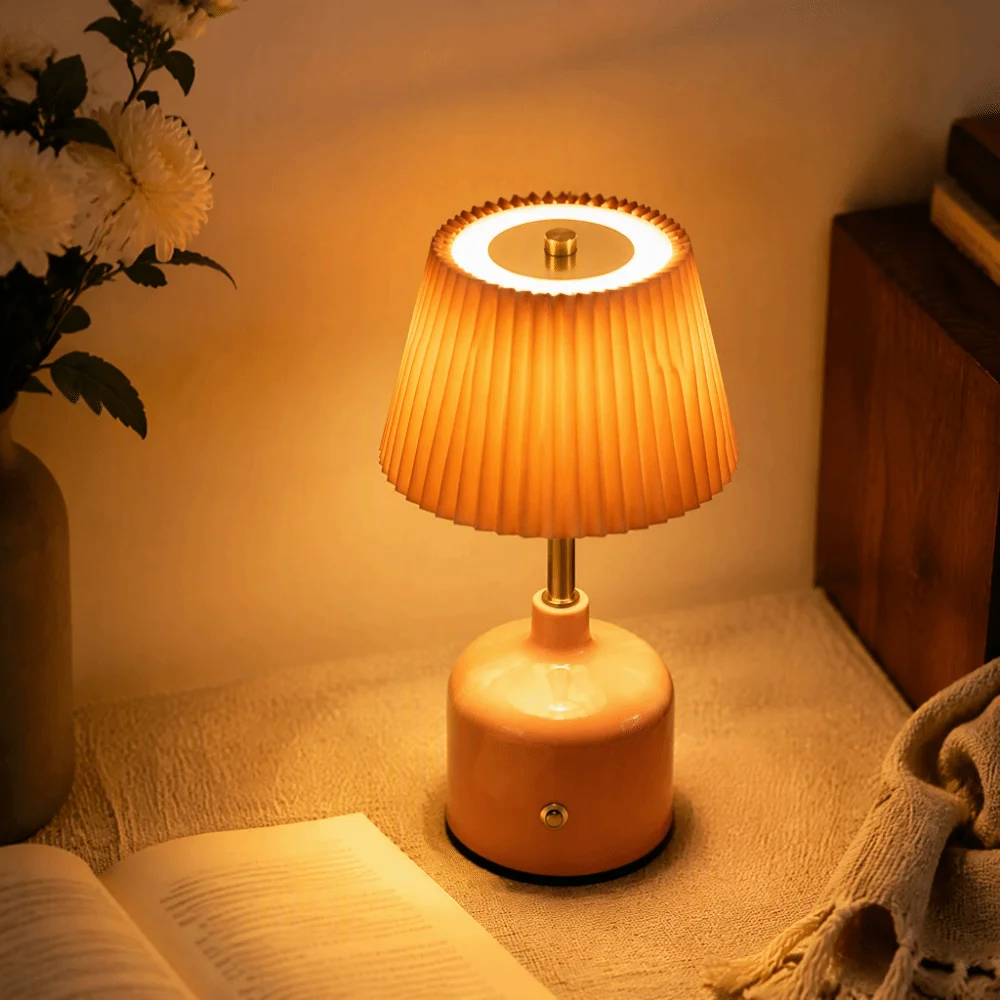Pleated Design Desk Lamp Touch Control Ruffled Skirt Table Lamp Cream Color Modern Minimalist LED Desk Lamp Indoor