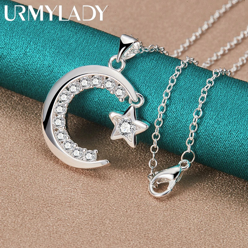 URMYLADY 925 Sterling Silver Moon Zircon 16/18/20/22/24/26/28/30 Inch Pendant Necklace For Women Jewelry Wedding Charm Gift