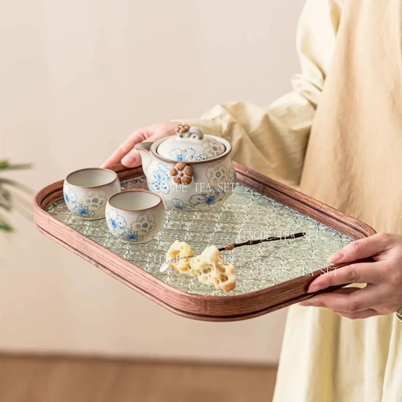 

Crabapple Blossom Glass Tea Tray Bamboo Framed Tray Rectangle Household Fruit Plate Chinese Style Tea Set Storage Tray Teaware