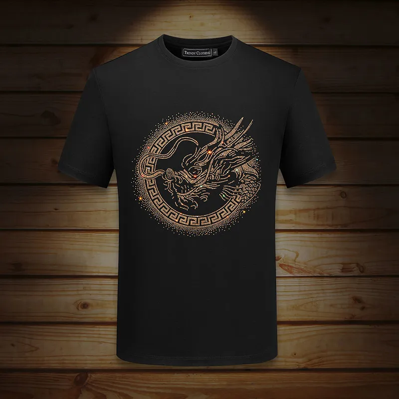 2026 Summer New Men's Red Black White Chinese Dragon Rhinestone Round Neck Short Sleeve Casual Streetwear T-Shirt