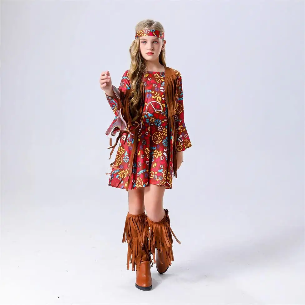 ハロウィン 7080年代 ヒップホップ レトロ 子供用 コスプレ インディアン ロールプレイング 仮装パーティー ドレスアップ服 メイクアップ付き