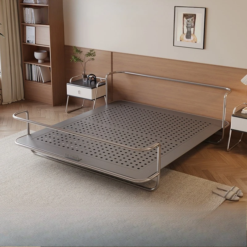 Modern minimalist small apartment ultra-thin carbon steel bedside edgeless genuine leather bed
