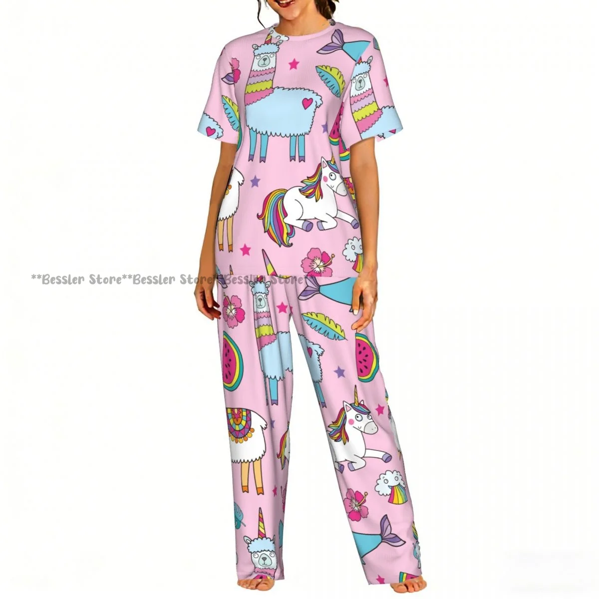 Cute Unicorn Llamas Pajamas Set Short-sleeved Women Home Clothing