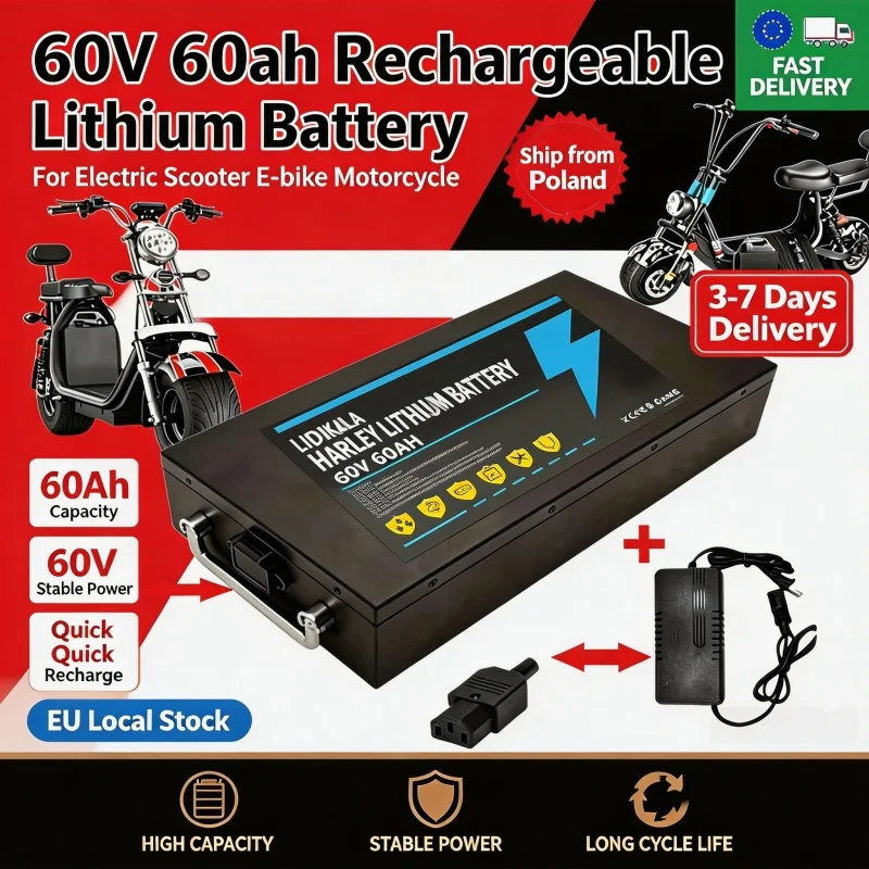 Halei 60V 60Ah Lithium-Akku, wiederaufladbarer Li-Ion-Akku für Harley Elektroroller, E-Bike, Motorrad, EU-Lagerbestand, Versand aus Polen