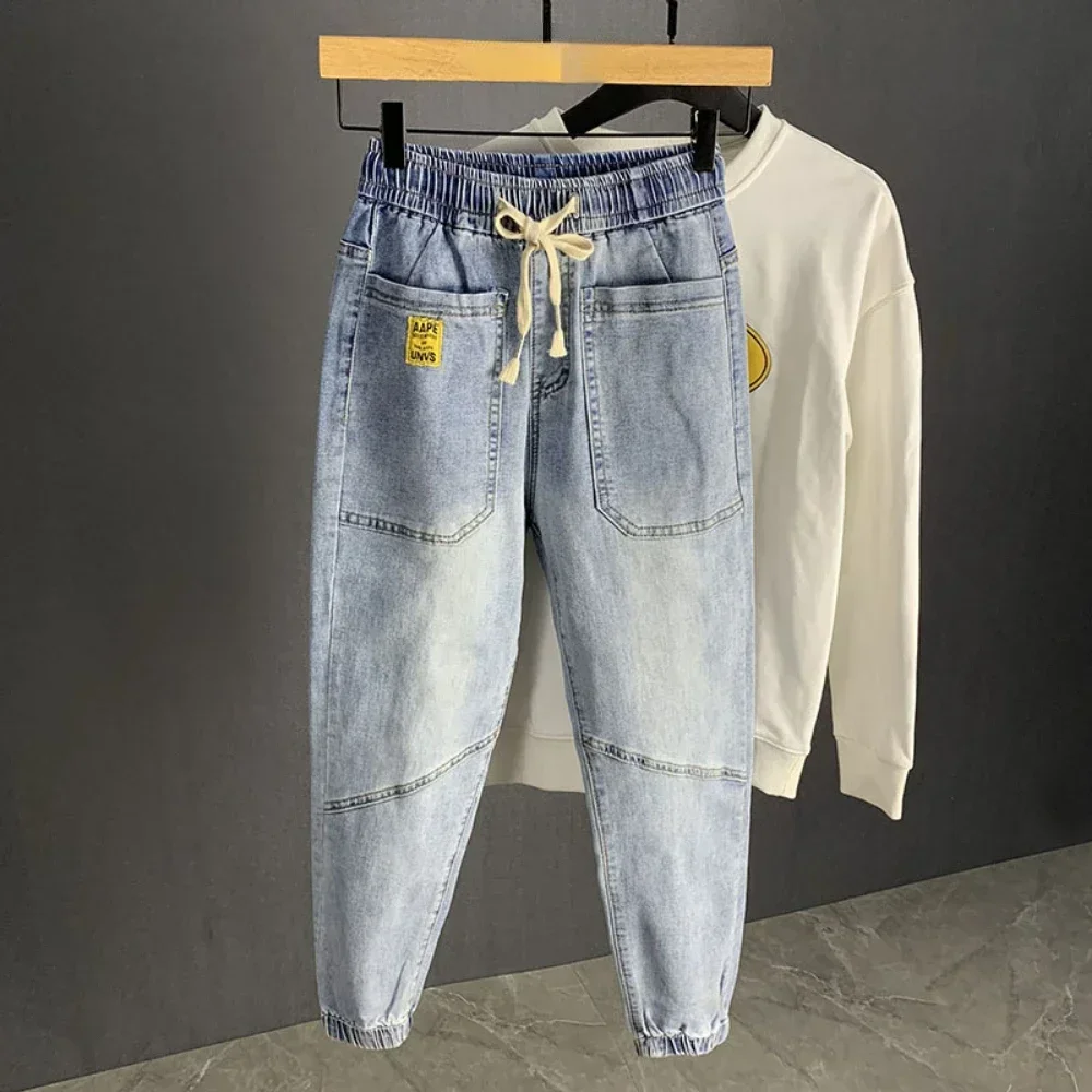 Calças jeans azul claro lavadas vintage masculinas, jeans largos e largos, calças hip-hop, novas