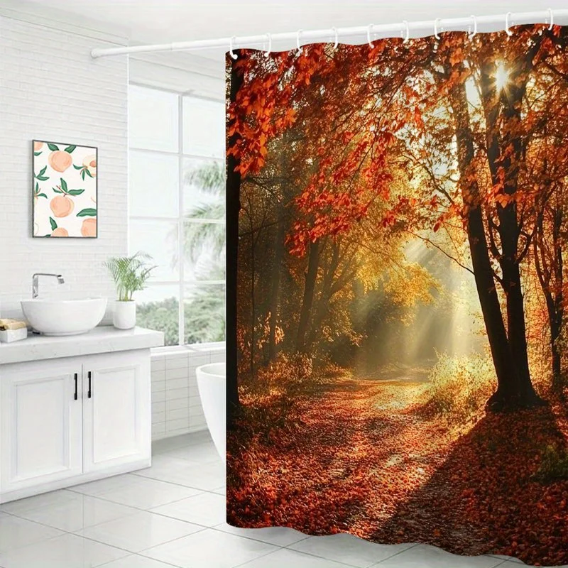 1pc Autumn Forest Shower Curtain with Hooks - Realistic Sunlit Forest Path, Tall Trees & Fallen Leaves, Misty Landscape - Machin