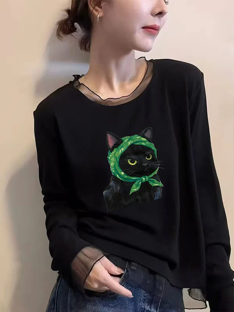 Korean Style Long Sleeve T-Shirt Women's Mesh Lace under Shirt Fashionable Versatile Slimming Top Commute Style Winter Season