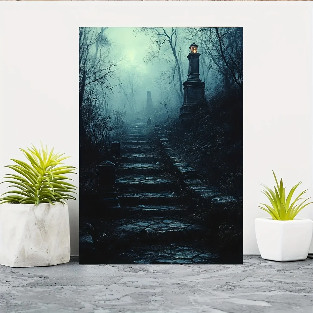 2D Flat, 1pcGloomy Cemetery Halloween Art, Spooky Graveyard, Haunted Cemetery, Creepy Gravestones, Dark Artwork, Canvas Paint