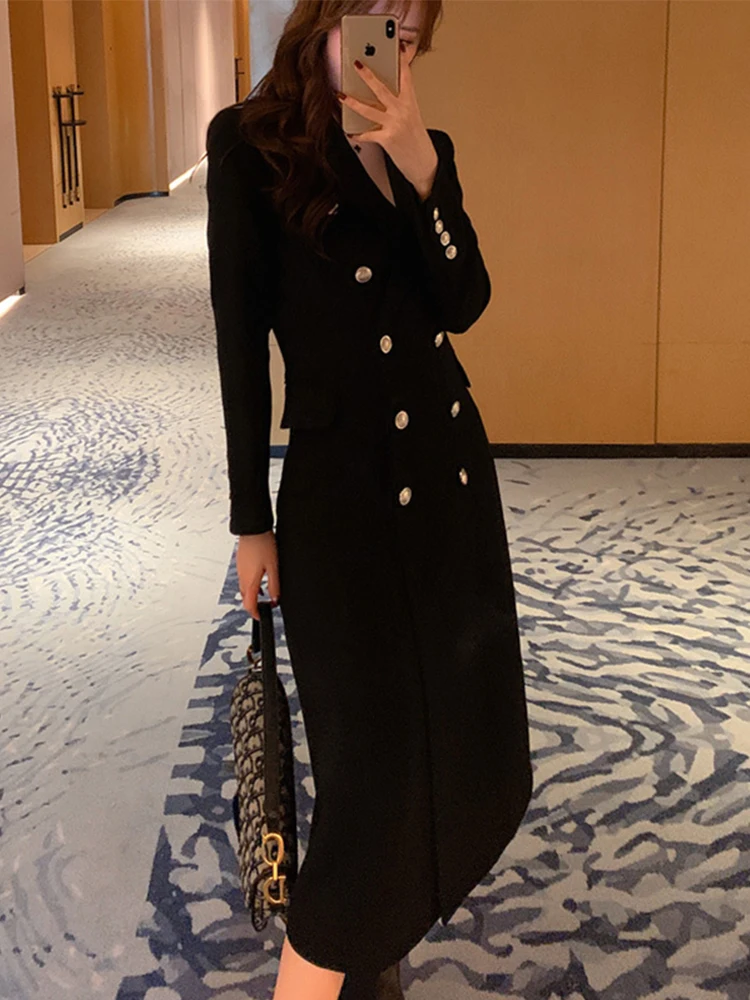 Elegant Office Women Long Jacket Coat Blazer Black Simple Double Breasted Slim Retro Lady Formal Mujer Suit Outwear Windbreaker