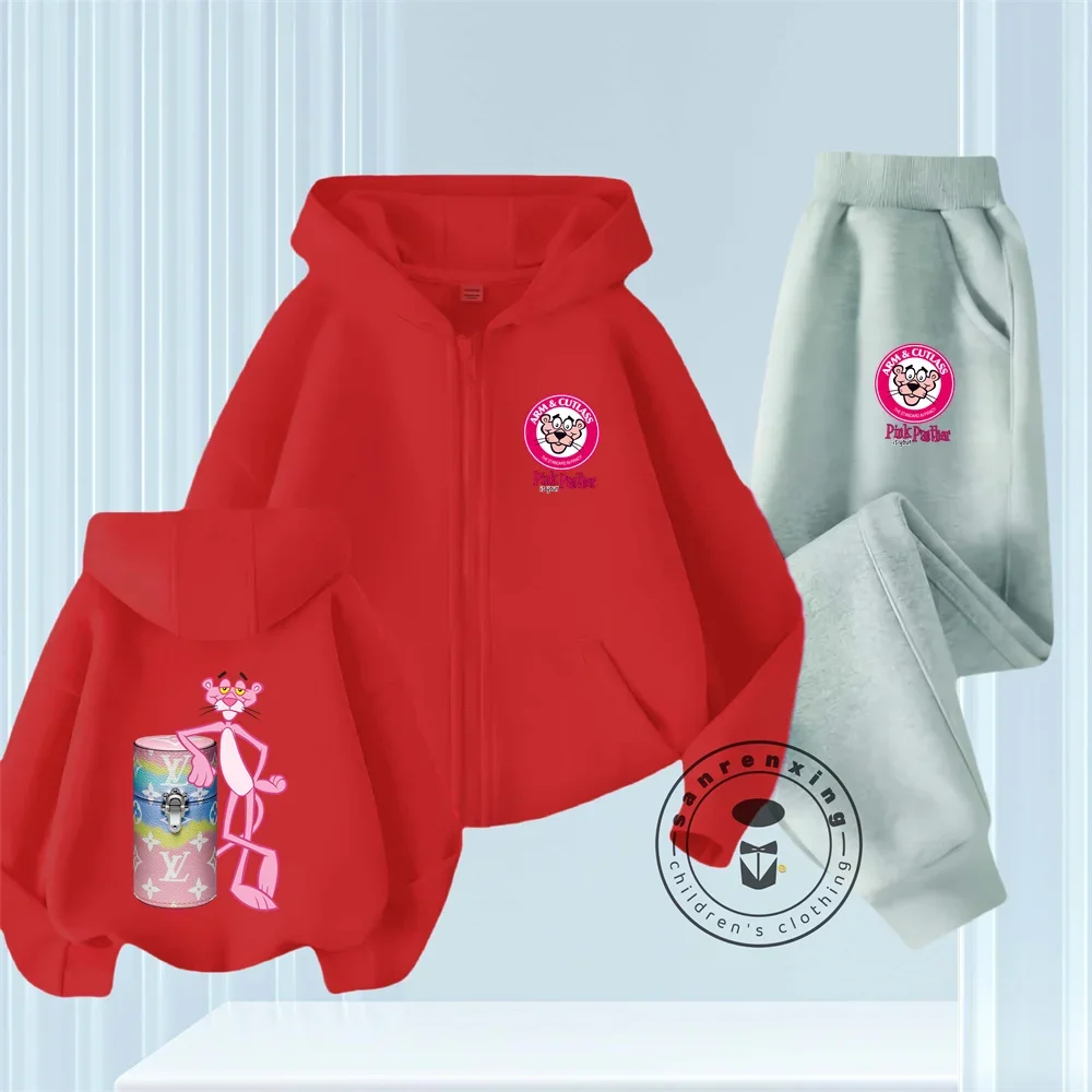 2025 New Les Pink Panther Girls Kids Zipper Hoodie Set 3-14 Spring Girls Boys Birthday Gift Fashion Casual Hoodie + Pants