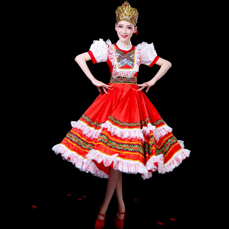 Czerwony rosyjski strój ludowy, europejska suknia pałacowa, kostium księżniczki, strój pokojówki, występ sceniczny, taniec otwierający, duża rozkloszowana spódnica