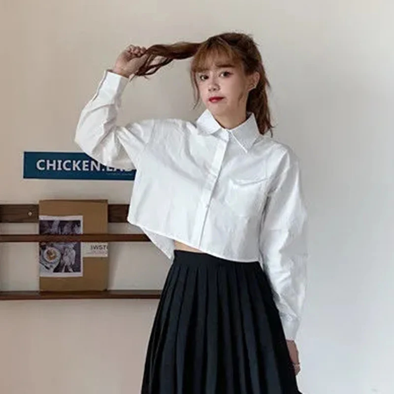 Korean Solid Long Sleeve Pockets Women Shirt Summer Casual Button Ladies Blouse Fashion Lapel Commuter Female Crop Tops