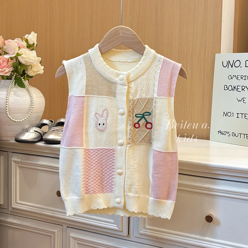 

Осенний детский кардиган без рукавов для девочек, хлопковый клетчатый кардиган с кроликом для маленьких девочек, свободный свитер с круглым воротником для маленьких девочек