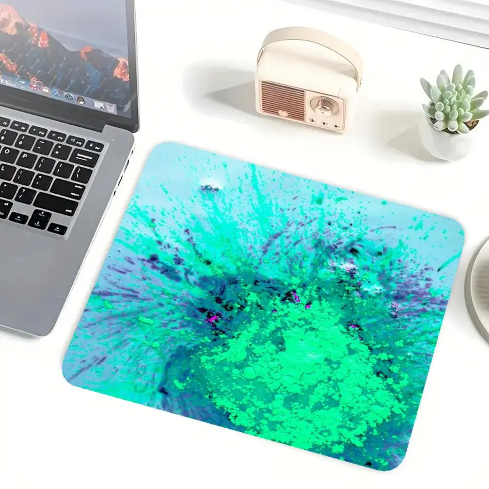 Splashing Cyan And Green Paint Fluid Abstract Art Playmat Compatible With Large Size Laptop Bedroom Gaming Desktop Mat