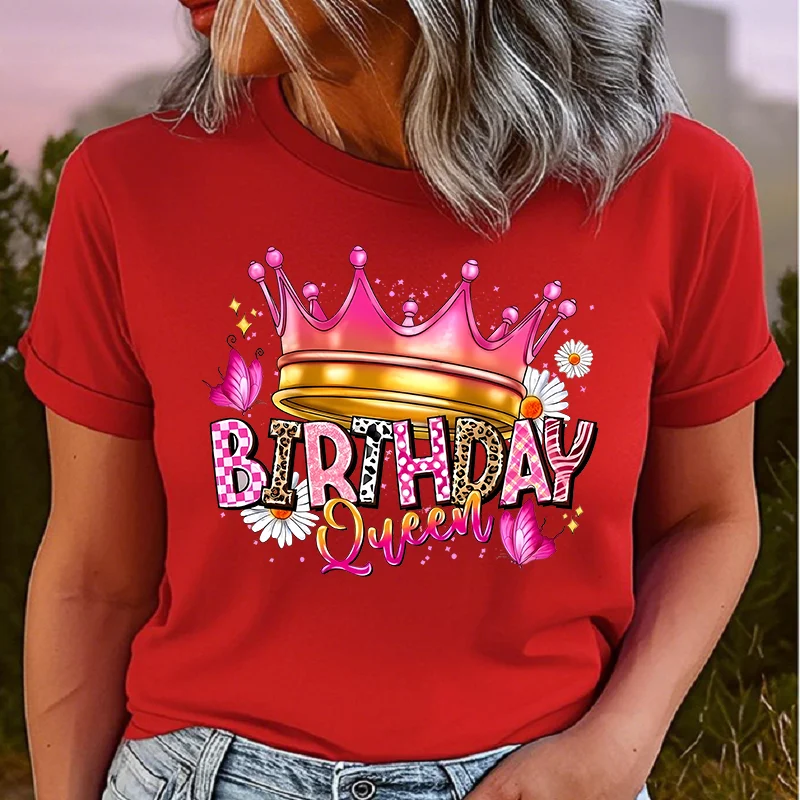 Cotton 100% Birthday Queen Letter T-shirt - Casual Crew Neck Short Sleeve T-shirt, Knit Graphic Women Clothes Summer