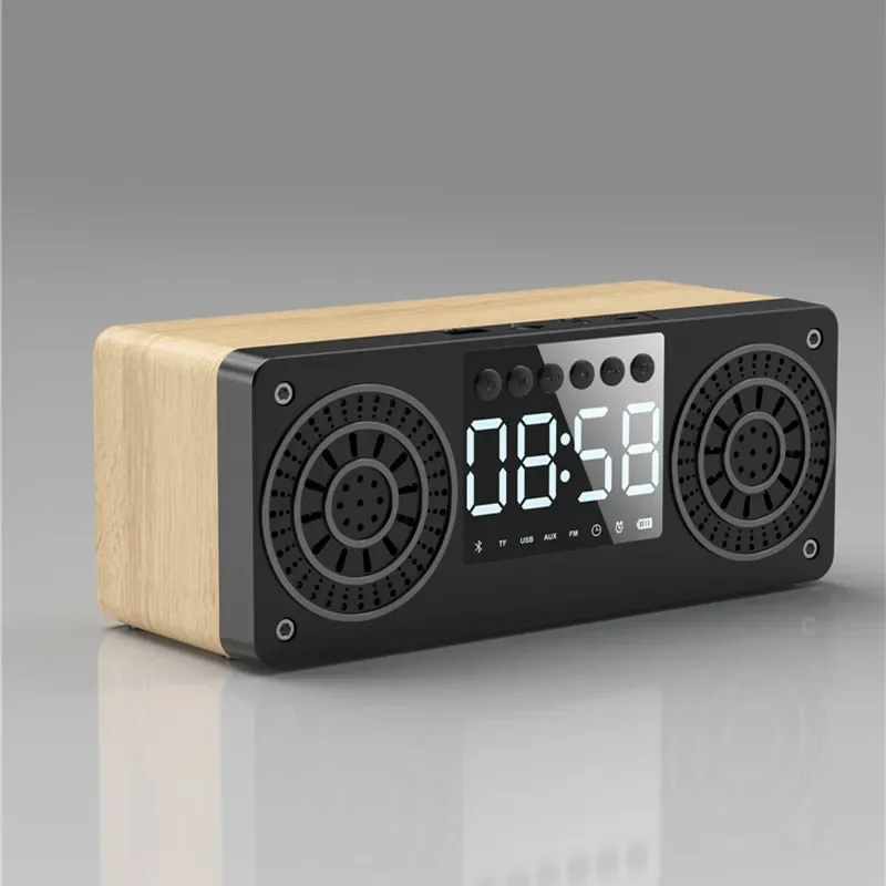 BT Speaker Multifunction Alarm Clock Wooden Wireless Speakers with FM Radio Bluetooth Speaker Support TF and USB Disk