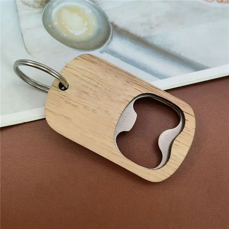 ABKS-48Pack Wood Bottle Opener Wooden Keychain Bottle Openers Blanks Wood Engraving Key Chains Key Tag For Home Kitchen Party