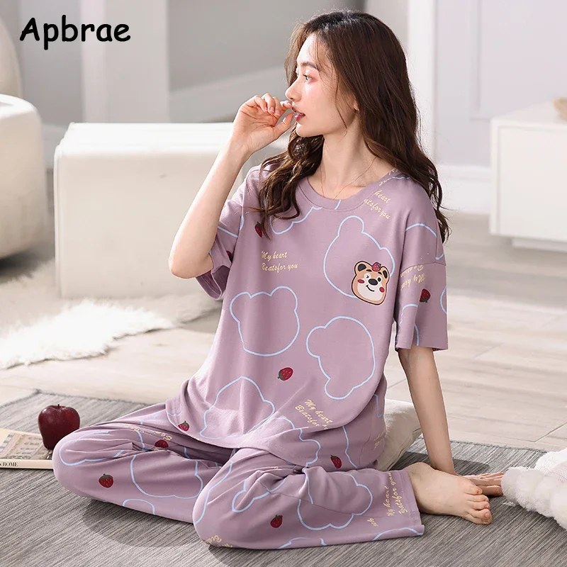 

Summer Cartoon Women Cotton Pajamas for Women Short Sleeved Long Pants Nightwear Korean Fashion Bear Print Casual Homewear