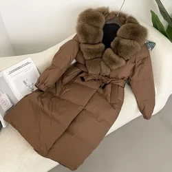 Natural Real Fox Raccoon Fur Collar Coat Thick Warm Belt Casual Outerwear 2024 Fur Jacket Winter Women White Duck Down Coat