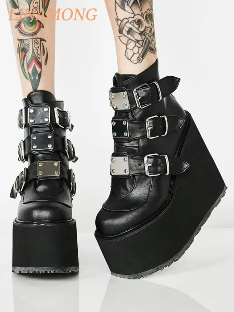 Picture 5: Thick Soled Belt Buckle Short Boots Black Punk Style Multiple Belt Buckles Rivets Thick Soled  Platform Boots