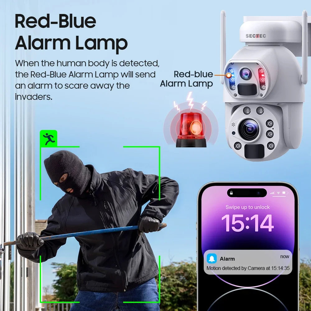 SECTEC Nowa kamera 4G z 20-krotnym zoomem IP66 Metalowy panel słoneczny 10W 4G 6MP 20000mAh Podwójny obiektyw Laserowa lampa na podczerwień 4G Solarna kamera zewnętrzna