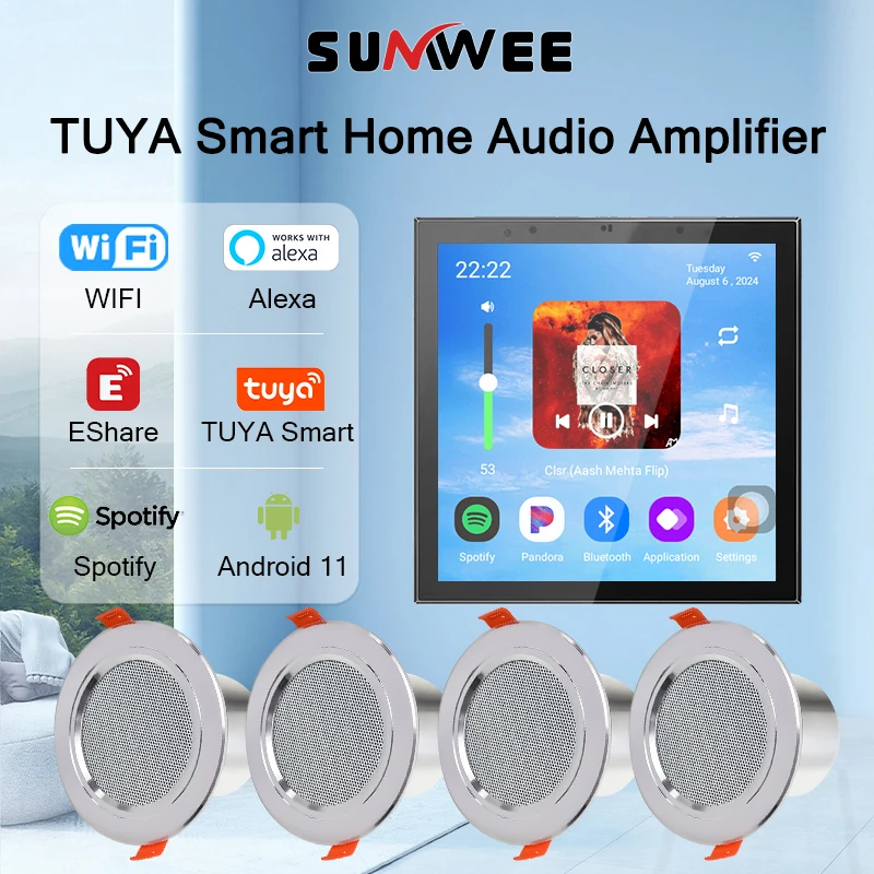 

Умные настенные аудиоусилители TUYA с Wi-Fi и Bluetooth, панель управления музыкой и звуком, сенсорный экран, система Android 11, потолочные колонки