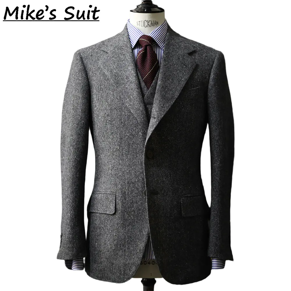 Men Notch Lapel Tweed Blazer, Grey Multi Fleck Speckled Wool Fabric, Formal Business Country Wedding Jacket