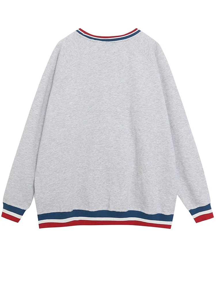 Disneyland Letter Print Embroidery Mickey Cartoon Fleece Sweatshirt Women O-Neck Pullover Long Sleeve Jumper Contrast Color Tops