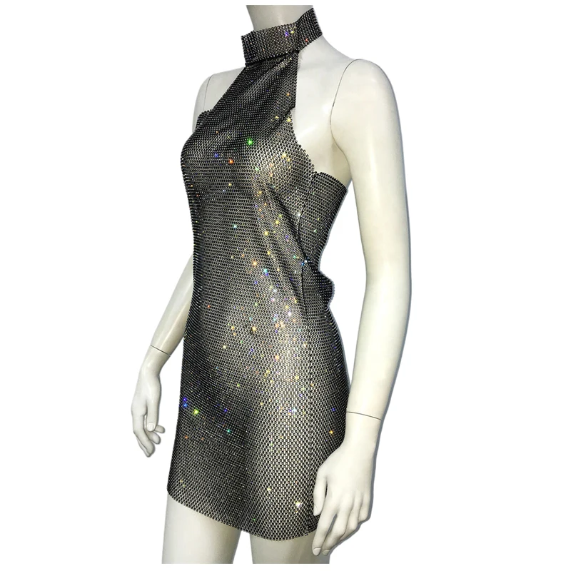 Glitzerndes Kristall-Netzkleid mit Strass für Damen, Neckholder-Minikleid aus transparentem Mesh, figurbetontes Party- und Clubkleid, Geburtstagsgeschenk für Damen – Detail 6