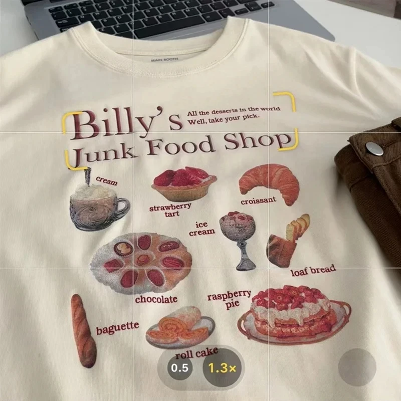 بلوزة نسائية بأكمام قصيرة مع مشمش حليب مطبوع ريترو فضفاضة وفريدة من نوعها على الطراز الكوري نصف كم من القطن الخالص برقبة دائرية