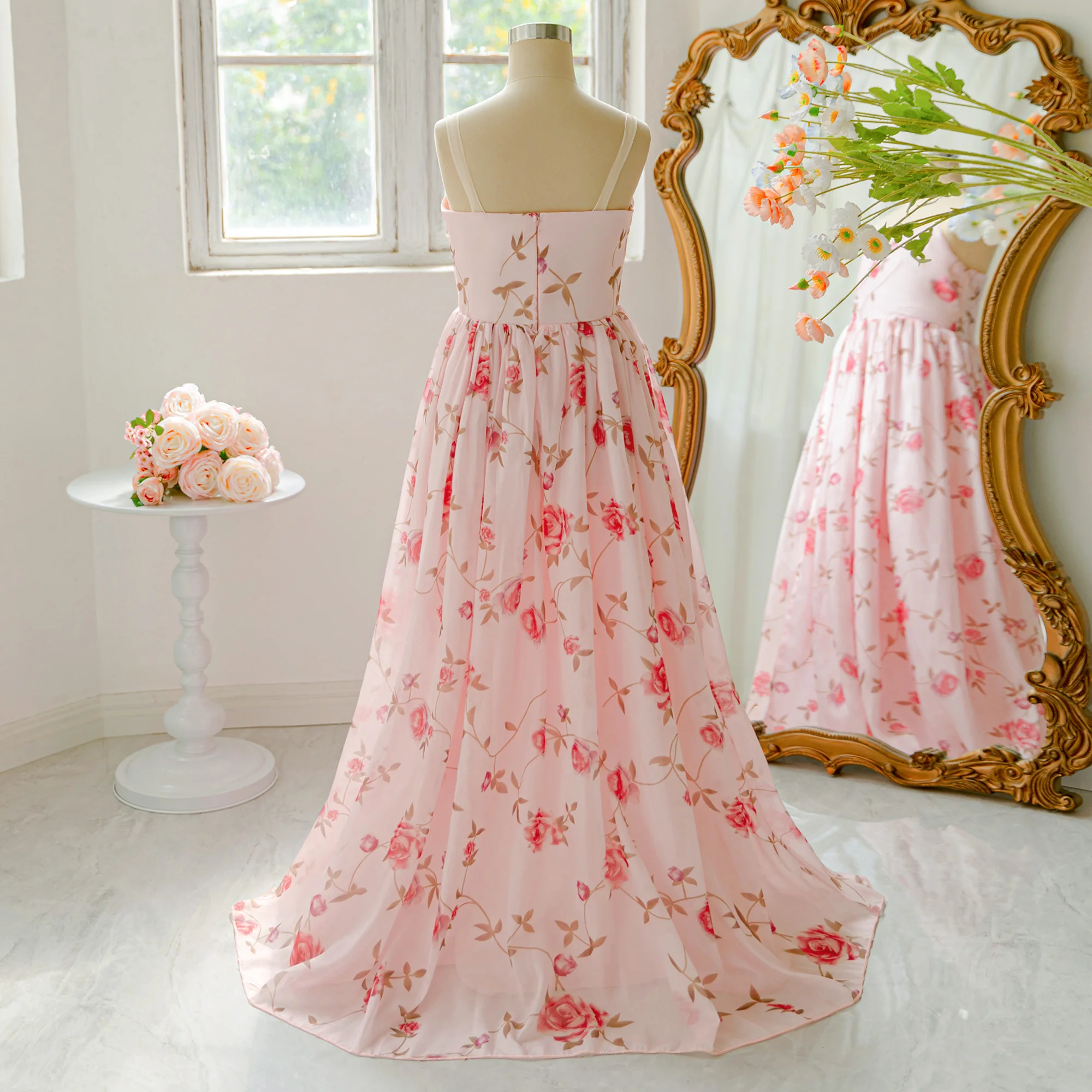 Elegant Flower Print Beach Party Prom Girls Dress High Fork Pink Birthday Princess Dresses Wedding Bridesmaids Graduate Costumes