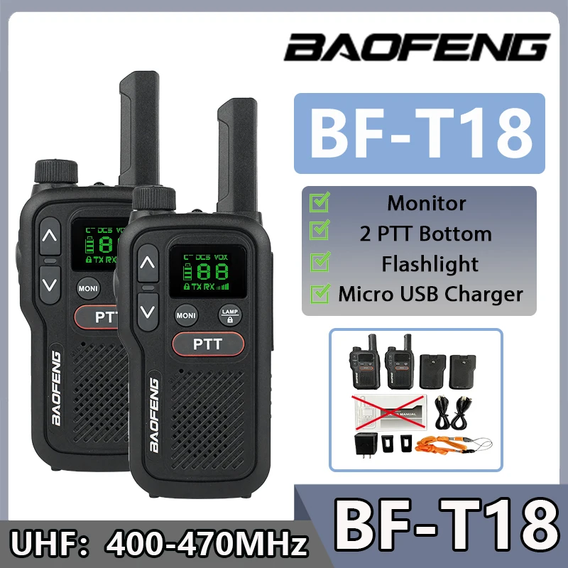 BF-T18 Baofeng Mini Walkie Talkie UHF Micro USB Charging Monitor 16 Channels FM 8km Long Range Military Radios Upgrade of BF-T20