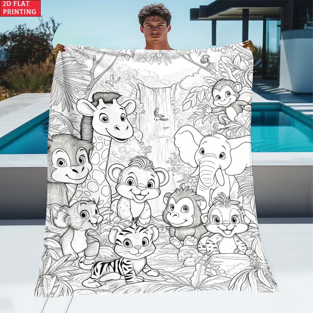 1pc  Cute Jungle Animal Friends Coloring Style Throw Blanket Soft Flannel Fleece Blanket for Kids Bedroom Living Room