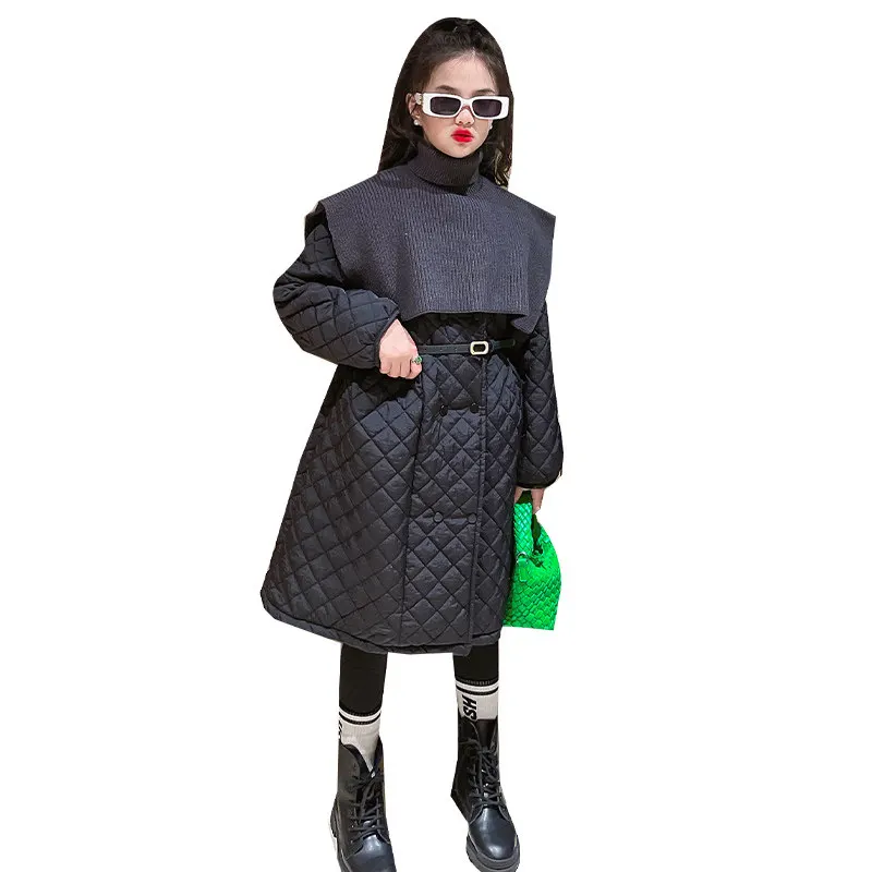 Long Style Parkas for Teen Girls Winter Fashion Belt Double-Breasted Coats with High Collar Knitwear Tippet Streetwear Outerwear