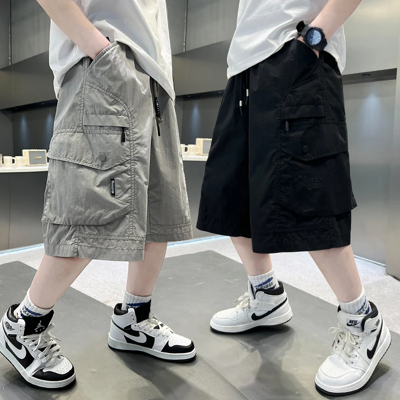 

Kids Luxury Summer Cargo Shorts with a Drawstring for Teens Boys Loose Casual Pocket Pants Child Elegant Knee Lenth Baggy Shorts